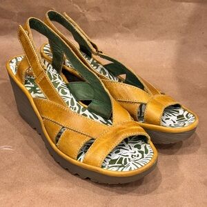 Fly London Mustard Yellow Leather Yisa Slingback Wedge Sandals. EU 41